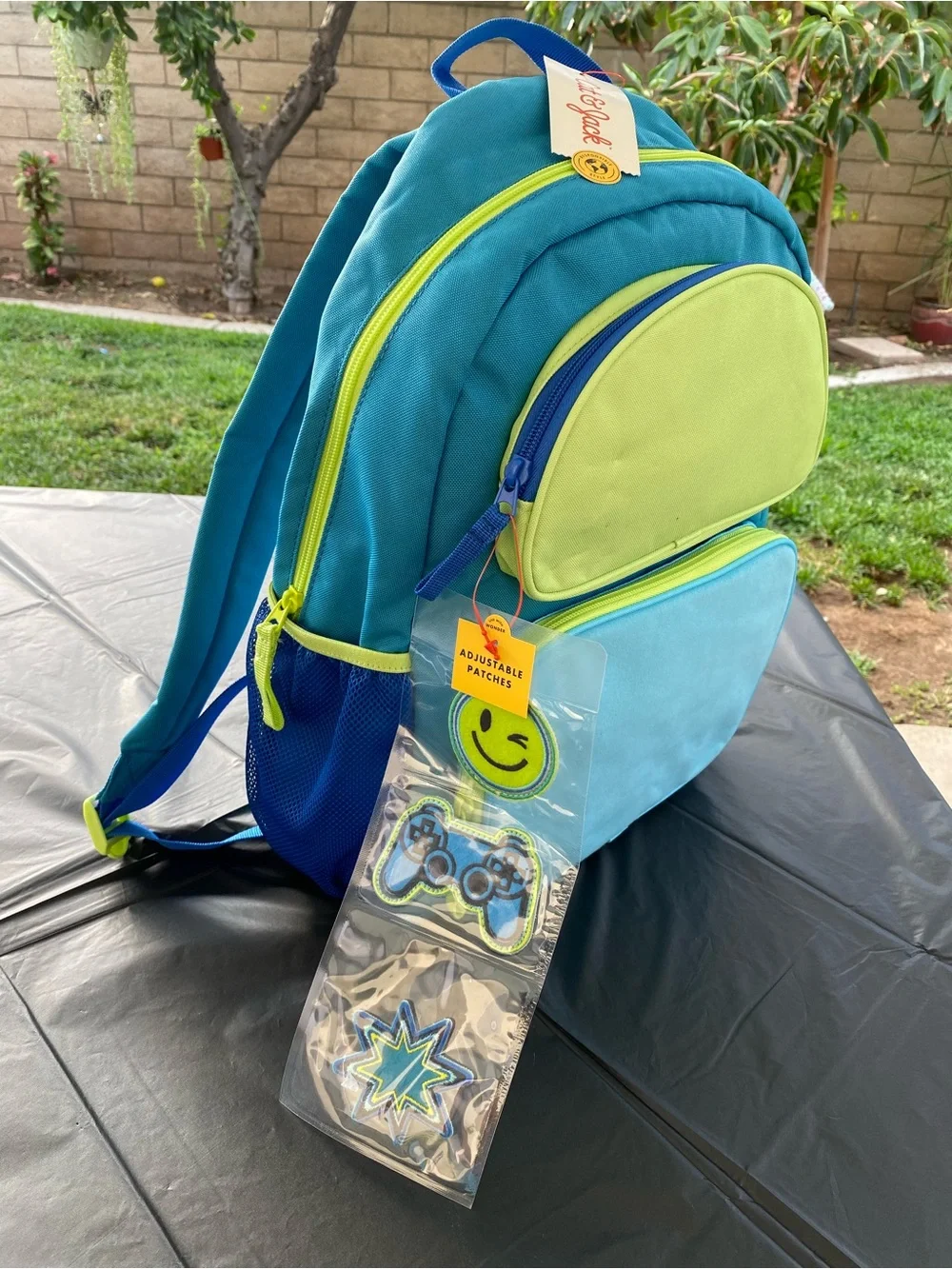 Cat & Jack Teal, Lime & Light Blue Kids Backpack with Patches